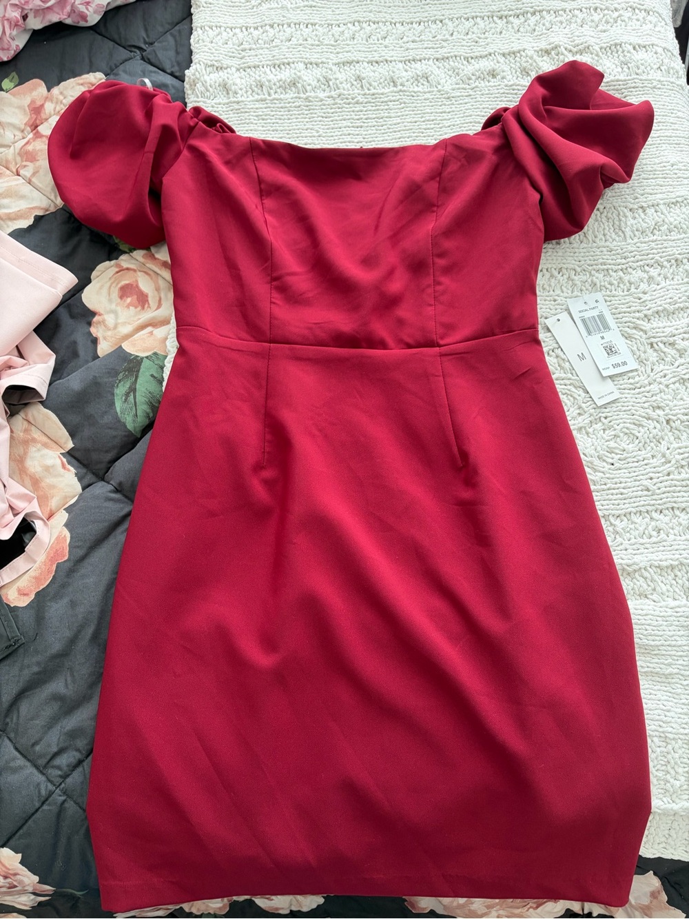 Burgundy Off-Shoulder Puff Sleeve Mini Dress